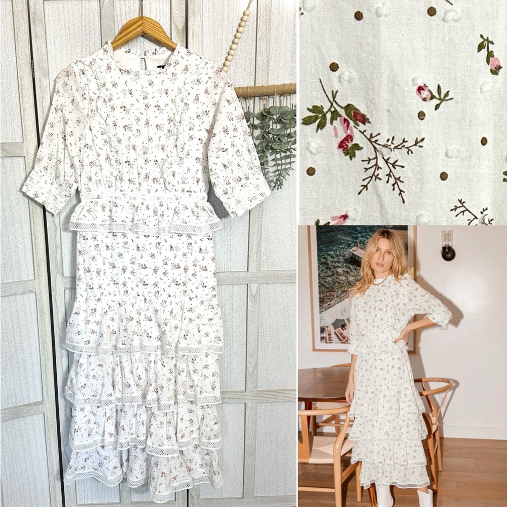 Lulus Bouquet for You White Floral Print Tiered Midi Dress Cottagecore Lace M